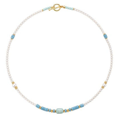 Pearl Necklace for Women Paperclip Chain Chunky Gold Necklace, Freshwater Cultured Pearls Trendy Link Chain 18K Gold Plated Dainty Pearl Choker - color: Pearl&Blue Stone