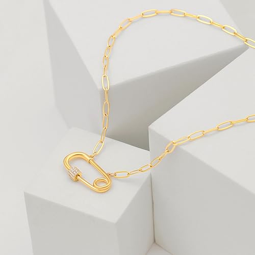 Aobei Pearl 18K Gold Plated Moon Star Lion Evil Eye Love Heart Cross Pendant Necklace Medallion Paperclip Chian Choker Layering Jewery for Women - color: Golden Safety Pin Screw Lock