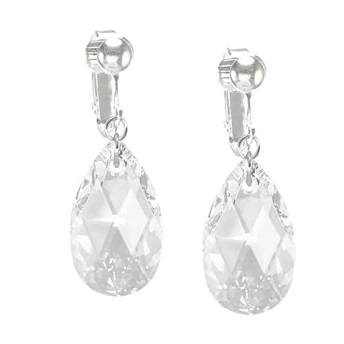 Sparkling Austrian Clear Crystal 22mm Teardrop Pear Dangle Earrings, Pierced or Clip On, Hypoallergenic Gold or Silver, Gift for Her - style: SS22PEAR-CLEAR-CLIPON