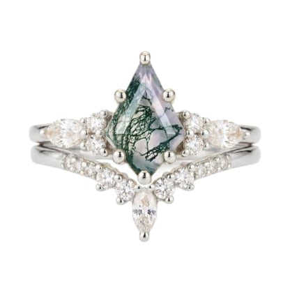 14K Gold Plated Natural Moss Agate Stackable Ring for Women | Promise Wedding Band Diamond Cut Green Moss Agate Stackable Rings Set Valentine & Anniversary Jewelry Gifts Size 5-9 - color: White Gold