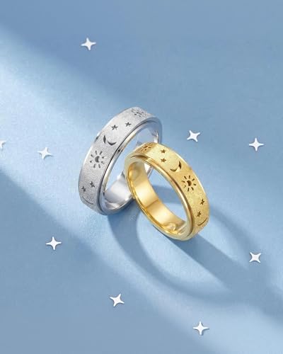 Fidget Toys Adults Anxiety Ring Women Men Stress Relief Band Spinner Sun | Celestial Sun Moon Star Stainless Steel Band Hollowed Sandblasted Surface 6mm Width18K Gold Silver Size 6-10 Unisex - color: Silver, size: Size 7
