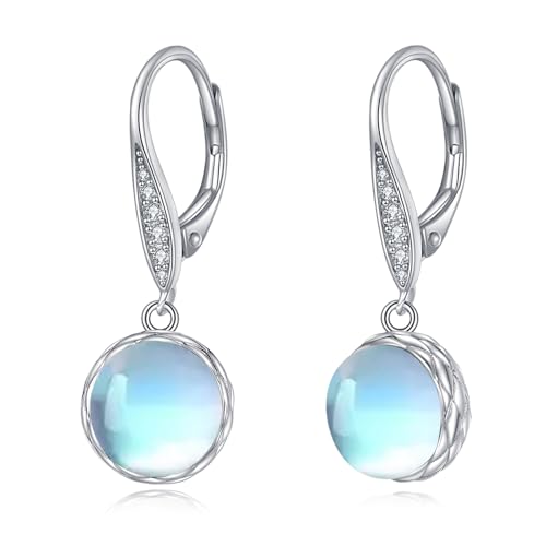 925 Sterling Silver 8mm Pearl Dangle Drop Earrings Moonstone Larimar Opal Rose Quartz Black Pearl Leverback Earrings for Women Christmas Gifts for Her - style: Moonstone Earrings