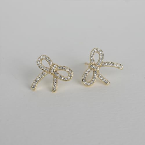 Jean Beau Chunky Gold Stud Earrings for Women Trendy Gold Plated Dangle Drop Prom Birthday Fashion Office Jewelry Gift - color: Gold CZ Bow