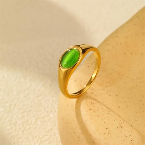 HIJONES Women's Stainless Steel Oval Opal Gemstone Dome Stacking Signet Ring Charming Wedding Jewelry - color: Green Stone