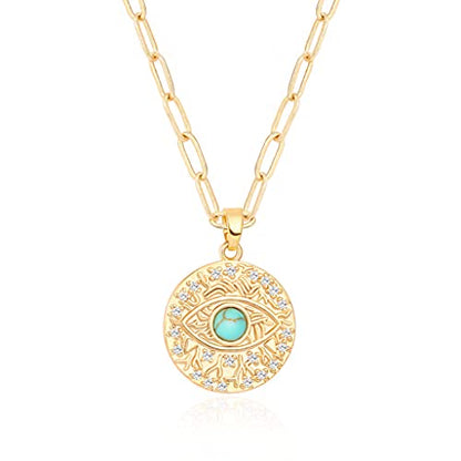 Aobei Pearl 18K Gold Plated Moon Star Lion Evil Eye Love Heart Cross Pendant Necklace Medallion Paperclip Chian Choker Layering Jewery for Women - color: 18K Gold Plated Evil Eye