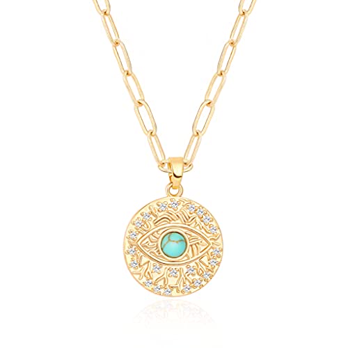 Aobei Pearl 18K Gold Plated Moon Star Lion Evil Eye Love Heart Cross Pendant Necklace Medallion Paperclip Chian Choker Layering Jewery for Women - color: 18K Gold Plated Evil Eye