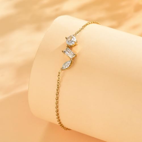 NONAMOIS 18K Gold Plated Diamond Ankle Bracelets for Women Waterproof Gold CZ Pearl Bow Link Chain Anklets Non Tarnish Summer Beach Foot Jewelry Gifts - color: Horizontal 3 CZ-Gold