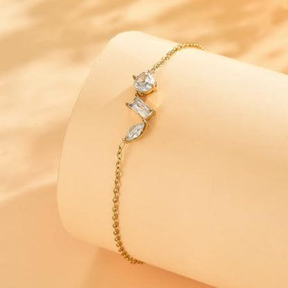 NONAMOIS 18K Gold Plated Diamond Ankle Bracelets for Women Waterproof Gold CZ Pearl Bow Link Chain Anklets Non Tarnish Summer Beach Foot Jewelry Gifts - color: Horizontal 3 CZ-Gold