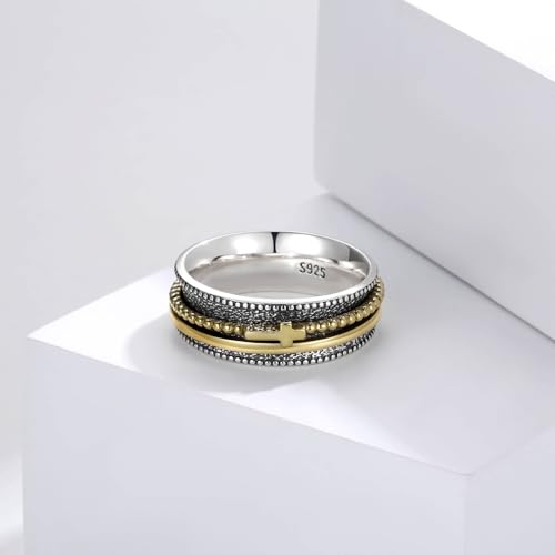 Sariel Cross Fidget Ring for Women - 925 Sterling Silver Spinner Rings Spinning Band Rings Wide Hammered - color: Gold-