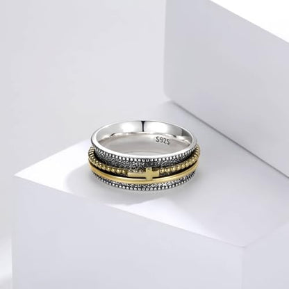 Sariel Cross Fidget Ring for Women - 925 Sterling Silver Spinner Rings Spinning Band Rings Wide Hammered - color: Gold-