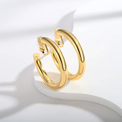 WOWORAMA Chunky Gold Hoop Clip On Earrings for Women | Large Chunky Hoops Clips Earrings, Polished Gold-Plated Clip-On Hoops, Statement Non Pierced Jewelry - color: 40mm Round Hoops