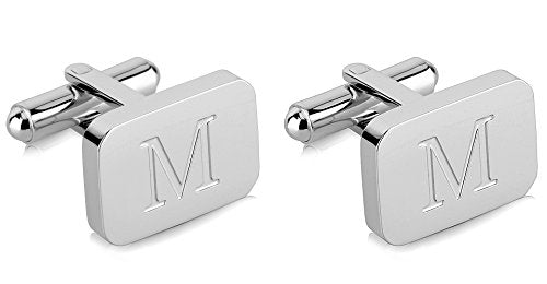 18K White-Gold Plated Initial Engraved Stainless Steel Men’s Cufflinks With Gift Box -Personalized Alphabet Letter’s A-Z By Lux & Pair - style: M- White Gold