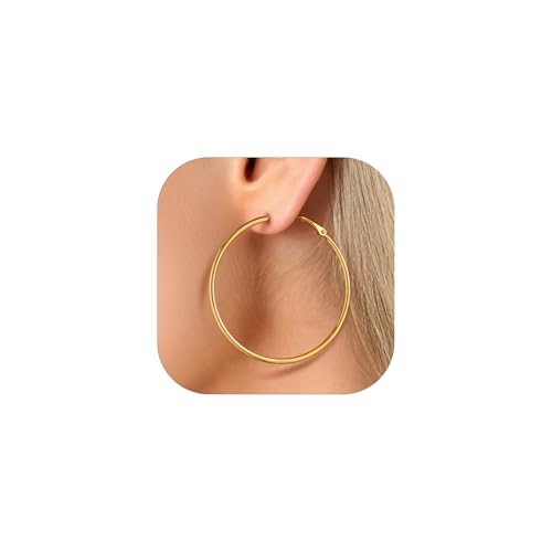 FaithHeart 2mm Thin Hoop Earrings for Women Hypoallergenic, Silver/Black/14K Gold Plated Stainless Steel Large Hoop Earrings for Women Lightweight Earring Trendy Jewelry, 20mm-100mm - color: Gold, size: 50mm/1.97"