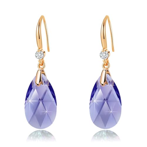 Austrian Crystal Teardrop Dangle Drop Earrings for Women 14K Gold Plated Hook Earring Hypoallergenic Jewelry Gifts for Women Girls - color: Tanzanite