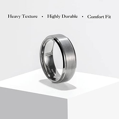 King Will Mens Brushed Wedding Band, Two Tone Matte Step Edges/Pipe Cut, Tungsten Carbide Anniversary Promise Rings Comfort Fit - color: Gunmetal Grey-8mm