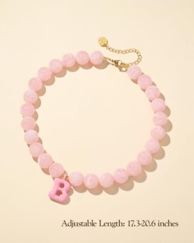 DoDoBeads Chunky Colorful Beaded Initial Necklace, Bubble Letter Choker | Gift box and dust pouch included; waterproof and sweat-resistant with real gold plated stainless steel hardware - color: Pink-B