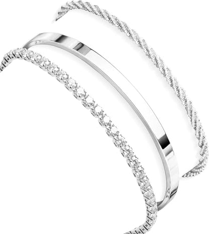 925 Sterling Silver Bracelets for Women Stack, Trendy Tennis Bangle Cuff Jewelry Set 14K Gold Plated, Adjustable Bracelet Set for Wrist Essentials, Women Fashion Watch Band Acecessories - style: Bracelet_3pcs(Dainty Tennis Set-Silver)