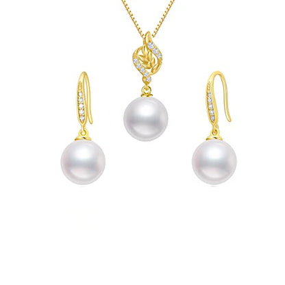 14K Gold Natural Diamond Pearl Earrings and Necklace (with 14k Gold Box Chain), Fine Jewelry for Her
