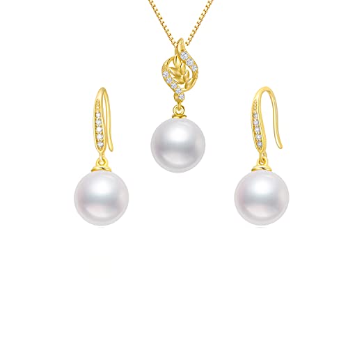 14K Gold Natural Diamond Pearl Earrings and Necklace (with 14k Gold Box Chain), Fine Jewelry for Her