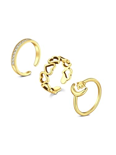 3pcs Silver Gold Toe Rings for Women Gold Toe Ring Silver Toe Rings non Tarnish Adjustable Womens Toe Rings Big Toe Jewelry Simple Tail Ring Stackable Rings - style: B2-heart basic moon-gold
