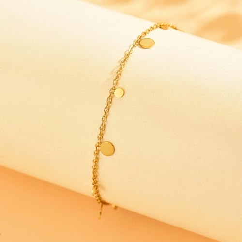 18K Gold Plated Ankle Bracelets for Women Stainless Steel Anklet with Star Cross Disc Coin Teardrop Charms Waterproof Thin Chain Ankle Jewelry Gift for Her - style: Coin-Gold