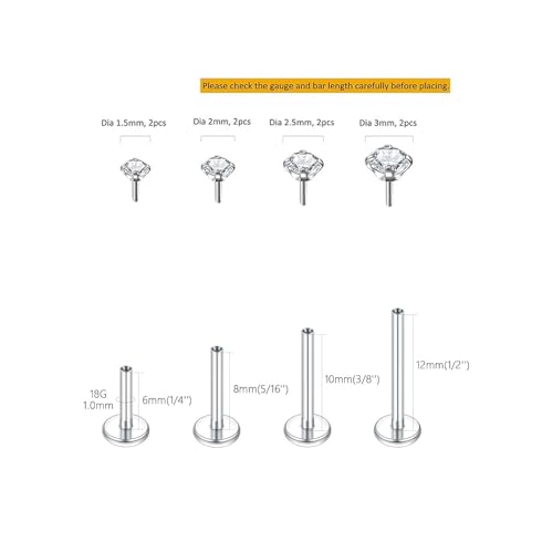 Oveta Threadless Push in Lip Rings 16G/18G/20G Labret Jewelry CZ Lip Studs Stainless Steel Cartilage Earrings for Women Monroe Medusa Piercing Jewelry 6/7/8/10/12mm Bar Length - color: Silver, size: 18G*6/8/10/12mm bar