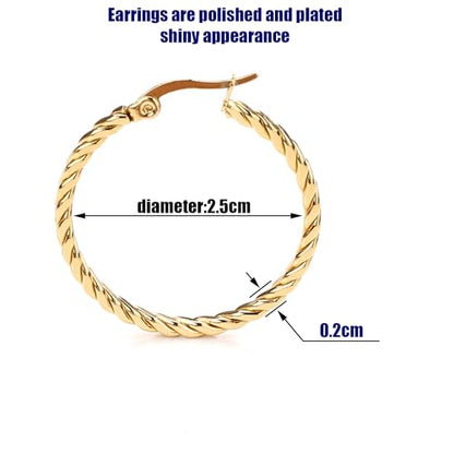 Cable Hoop Earring for Women Light-Weight Twisted Italian Design Round Hoop Earrings Diameter 25mm - color: gold