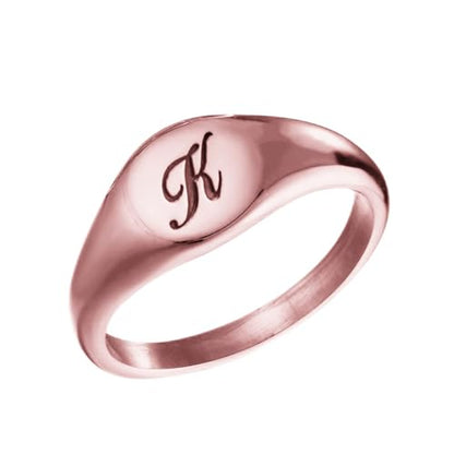 Personalized 925 Sterling Silver Letter Engraved Signet Pinky Ring For Women Custom Initial Band Statement Ring - color: Rose Gold-Copper Material