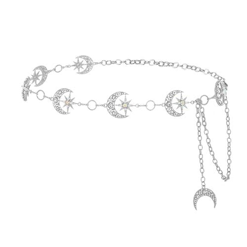 Rhinestone Moon Chain Belt Sparkly Star Waist Chain Adjustable Body Jewley for Women Dress Belt Accessory - style: Silver moon star C