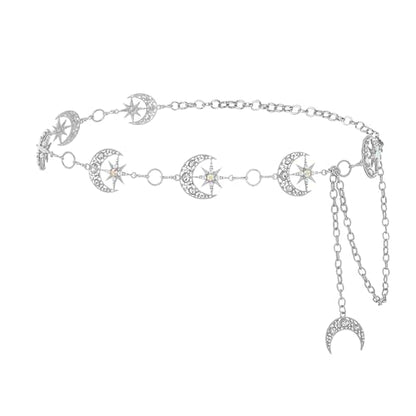 Rhinestone Moon Chain Belt Sparkly Star Waist Chain Adjustable Body Jewley for Women Dress Belt Accessory - style: Silver moon star C