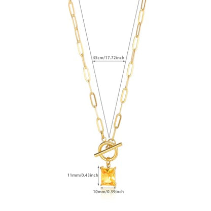 Diamond Necklaces for Women Natural Stone Paperclip Toggle Necklace 14K Gold Plated Emerald Birthstone Necklace for Women Paper Clip Chain Blue Green Cubic Zirconia Pendant Birthday Gifts for Women Mother Jewelry - color: 11. November(Citrine)