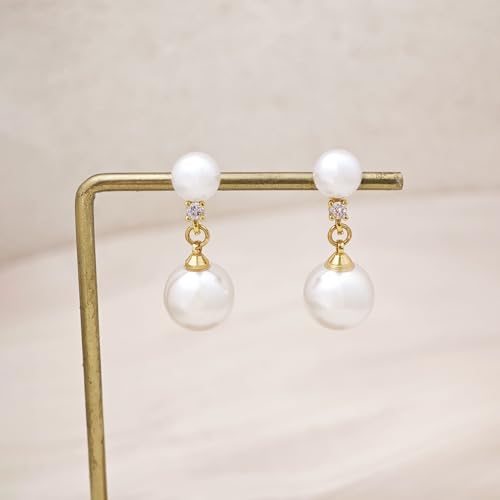 Pearl Earrings for Women Trendy, 14k Gold Plated Freshwater CZ Leaf Pearl Dangle Drop Gold Earrings Lightweight Hypoallergenic Stud Earring Bridesmaid Wedding Gold Jewelry for Women Gifts - style: two pearl earrings