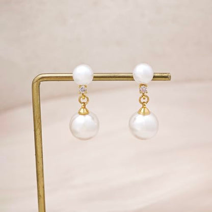 Pearl Earrings for Women Trendy, 14k Gold Plated Freshwater CZ Leaf Pearl Dangle Drop Gold Earrings Lightweight Hypoallergenic Stud Earring Bridesmaid Wedding Gold Jewelry for Women Gifts - style: two pearl earrings