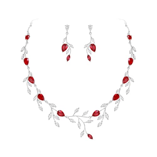 Cubic Zirconia Leaf Vine Wedding Jewelry Set for Bride Women Bridesmaid | Pear-Shaped Birthstone, Necklace Dangle Earrings for Bridesmaid, Silver-Plated-Brass - color: 2pcs_Red