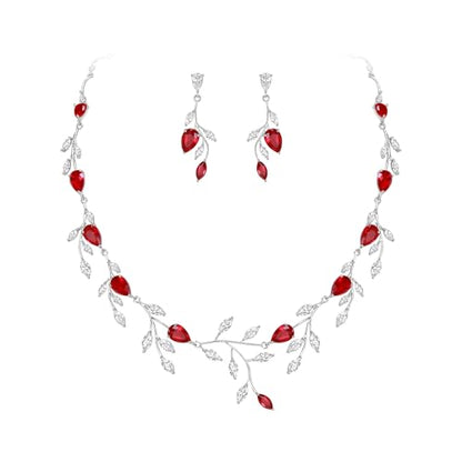 Cubic Zirconia Leaf Vine Wedding Jewelry Set for Bride Women Bridesmaid | Pear-Shaped Birthstone, Necklace Dangle Earrings for Bridesmaid, Silver-Plated-Brass - color: 2pcs_Red