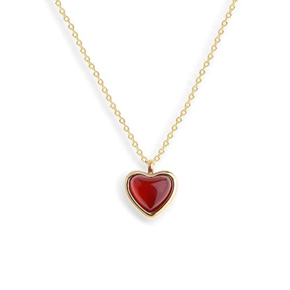 Sonateomber Gold Stone Pendant Necklace for Women, Chunky Statement Dainty Heart Oval Natural Gemstone Dangle Necklaces Wedding Prom Accessories Fashion Jewelry Gift - color: Red