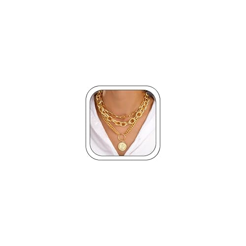 Gold Chunky Layered Coin Necklaces for Women Trendy Cuban Link Paperclip Chains Necklace Stack Coin Pendant Necklace Set Jewelry Gifts - color: Gold