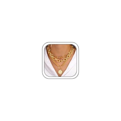 Gold Chunky Layered Coin Necklaces for Women Trendy Cuban Link Paperclip Chains Necklace Stack Coin Pendant Necklace Set Jewelry Gifts - color: Gold