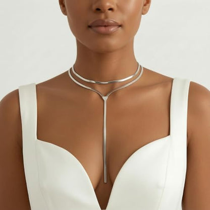 Chunky Gold Choker Necklace for Women, Double Layered Trendy Statement Y Necklace Long Snake Chain Drop Silver Necklaces Tassel Charm Prom Jewelry Accessories Gifts - color: Silver
