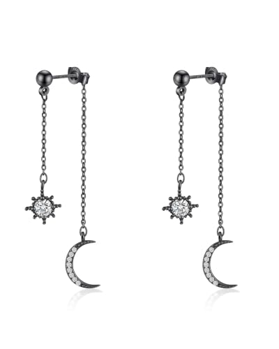 Moon and Star Dangle Earrings | Chain Tassel with Cubic Zirconia Drop Front and Back Earrings Celestial Jewelry for Wedding Gift - color: Black