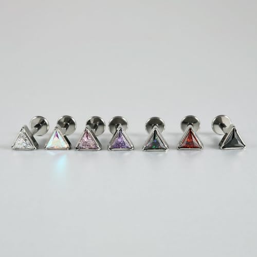 16G Triangle Cubic Zirconia Cartilage Stud Earrings for Women Men G23 Titanium Conch Helix Tragus Studs Earrings Lip Studs Rings Labret Monroe Medusa Piercing Jewelry - color: Red
