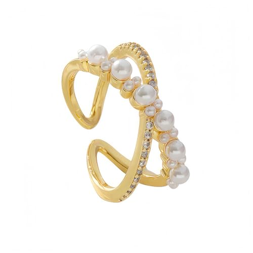 Mettclasi Women's 14K Gold Plated Stackable Ring Crystal Inlaid Dainty Trendy Cute Adjustable Open Twist Rings Jewelry Gifts - style: Pearls