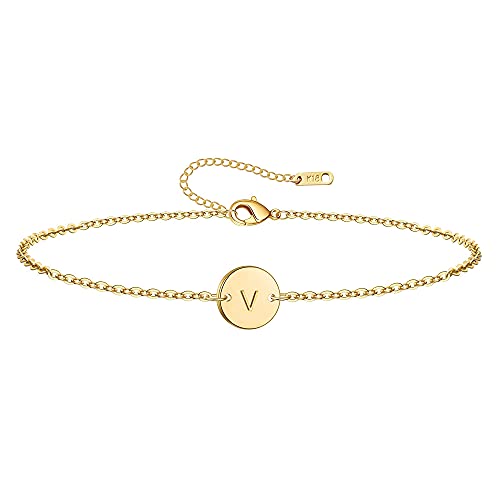 Ovian Initial Charm Bracelet for Women 18K Gold Plated stainless steel Coin Disc Engraved Letter Bracelet Personalized Monogram Name Bracelet - color: V