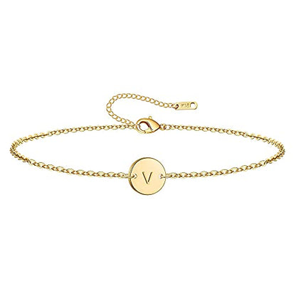 Ovian Initial Charm Bracelet for Women 18K Gold Plated stainless steel Coin Disc Engraved Letter Bracelet Personalized Monogram Name Bracelet - color: V