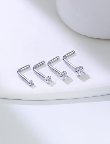 18G 20G 14K Gold Filled Nose Rings Studs Piercing Jewelry For Women Men 316L Surgical Steel Round Square Cubic Zirconia Nose Rings Studs Nostrial Piercing Jewelry CZ 1.5mm 2mm 2.5mm 3mm - color: Silver, size: 18 Gauge-L Shaped-Round CZ