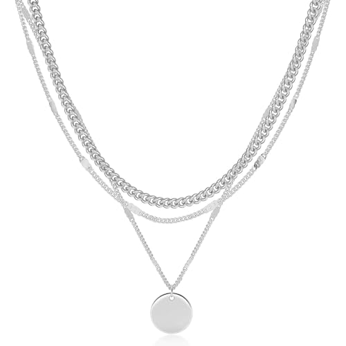 Layered Gold Silver Necklaces for Women, Stackable Stack 14K Real Gold Plated Silver Chain Necklace Diamond Circle CZ Layering Pendant Necklaces Trendy Gold Jewelry Set Gifts - color: silver, style: 3PC-Coin