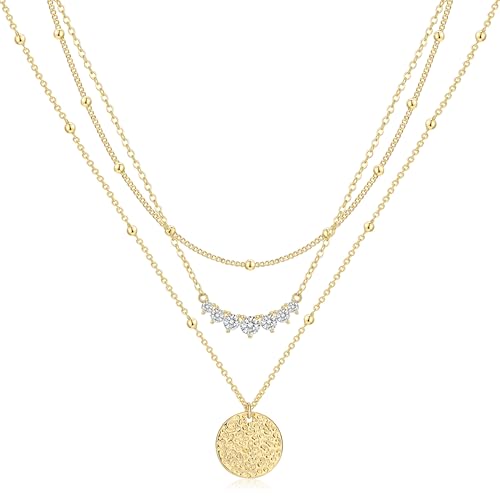 Layered Necklaces for Women 14K Gold Plated Stack Circle Pendant Trendy Long Chain Stackable Handmade Coin Necklace Set Dainty Gold Stacked Jewelry Gifts - color: Gold-1