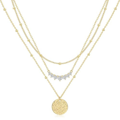 Layered Necklaces for Women 14K Gold Plated Stack Circle Pendant Trendy Long Chain Stackable Handmade Coin Necklace Set Dainty Gold Stacked Jewelry Gifts - color: Gold-1