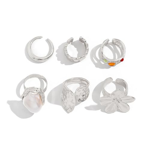 Chunky Gold Rings Set for Women Trendy Statement Flower Knuckle Ring Baroque Pearl Stack Ring Wrinkled Prom Outfits Accessories - color: Silver