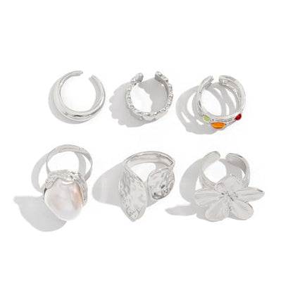Chunky Gold Rings Set for Women Trendy Statement Flower Knuckle Ring Baroque Pearl Stack Ring Wrinkled Prom Outfits Accessories - color: Silver